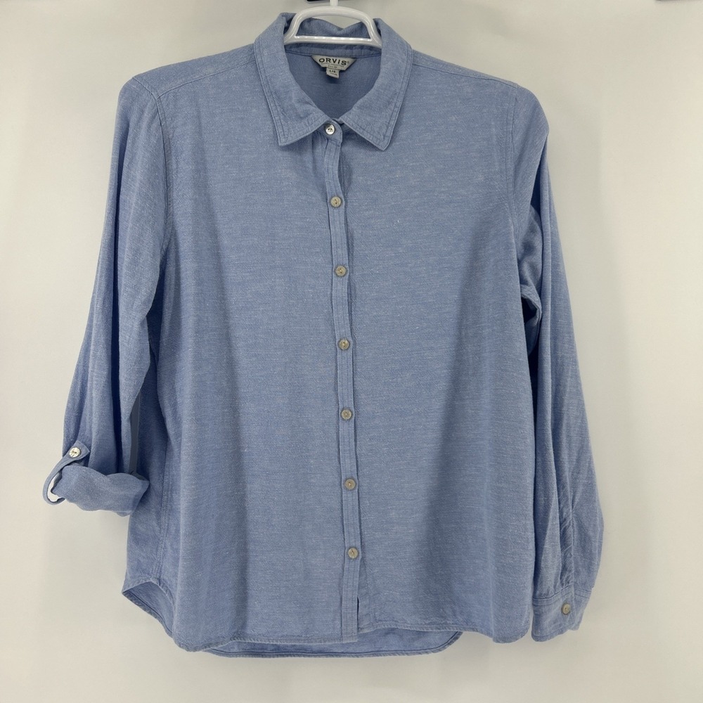 Orvis Linen Blouse Shirt Top Women's Large Button Up Roll Up Preppy Office